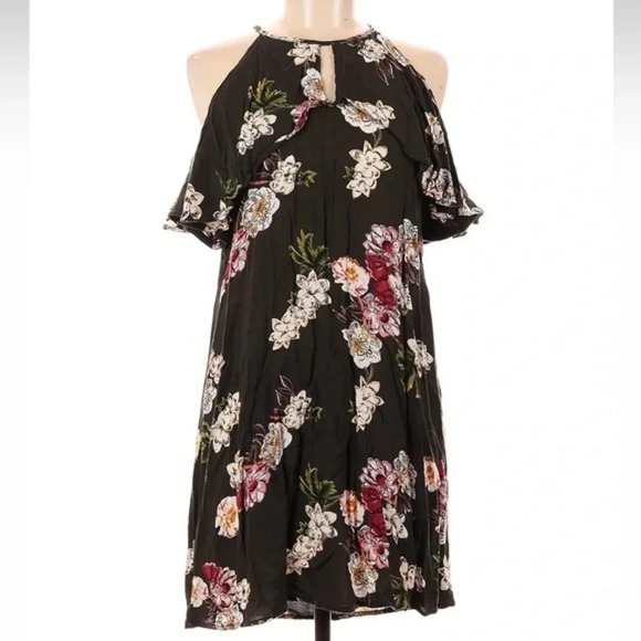 Angie Women’s Sundress Black Mini Floral 3/4 Sleeve Cold Shoulder Size M - Picture 1 of 2